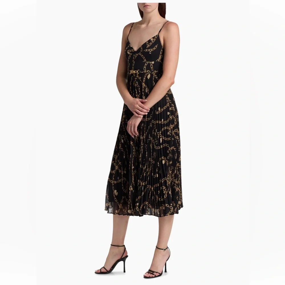 Zimmermann Sunray Pleated Picnic Midi Dress Black Chain-Print Spaghetti Strap 1 - Picture 9 of 16